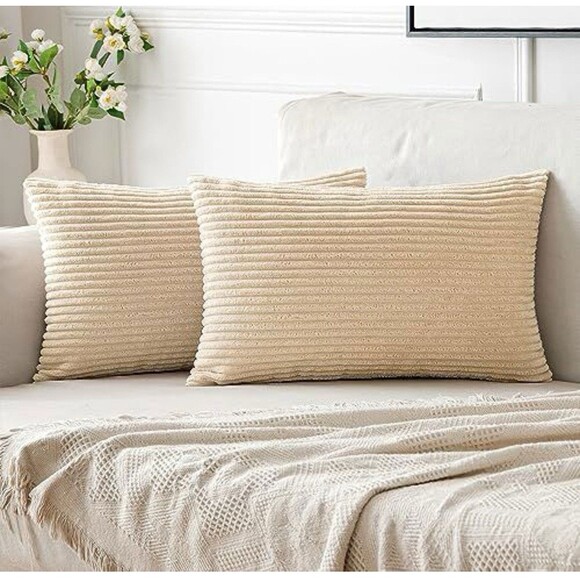 Throw Pillow Covers 12x20” Set of 2 Decorative Soft Beige Corduroy Zipper New - Picture 1 of 7